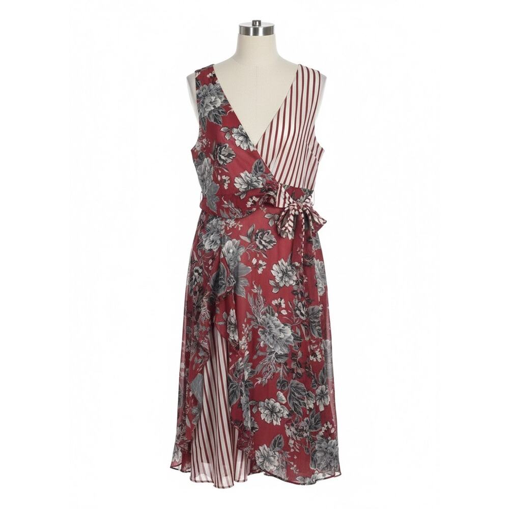 Midnight Velvet Size 16 Red Floral & Stripe Faux Wrap Maxi Dress